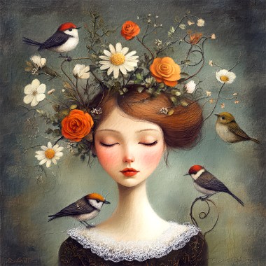 Frau mit Blumen und Vögeln 